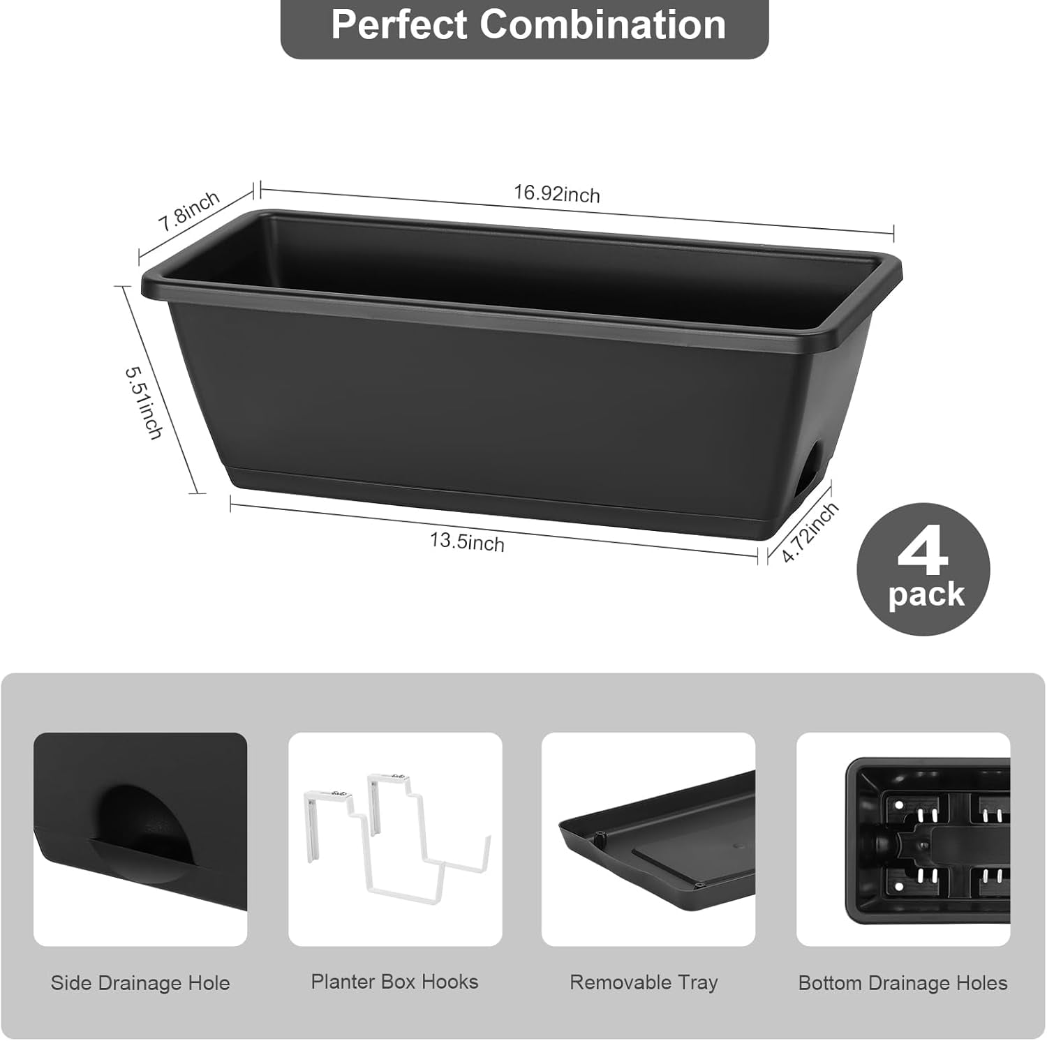 Railing Planter Box 4 Pack Window Boxes Planters with Flower Box Brackets, 17’’ Rectangle Balcony Deck Railing Hanging Planters for Outdoor Fence Garden Patio Plants