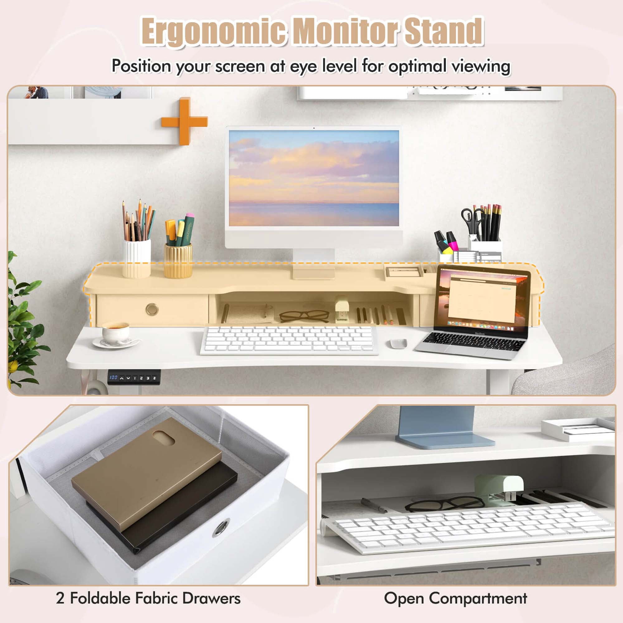 Costway 48"x 24" Electric Standing Desk with 2 Drawers Monitor Stand Storage Shelf White