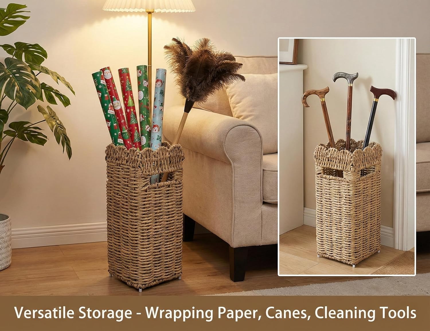 Woven Umbrella Stand for Entryway, PE Rattan Umbrella Holder Basket with Removable Drip Tray, Scalloped Square Cane Stand for Umbrellas, Walking Sticks, Wrapping Paper, Farmhouse Porch Decor