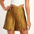 thumbnail image 2 of Lovskoo 2024 Summer Mini Skirt Satin High Waisted Slit Front Silk Casual A-Line Party Short Skirts for Women Gold, 2 of 8
