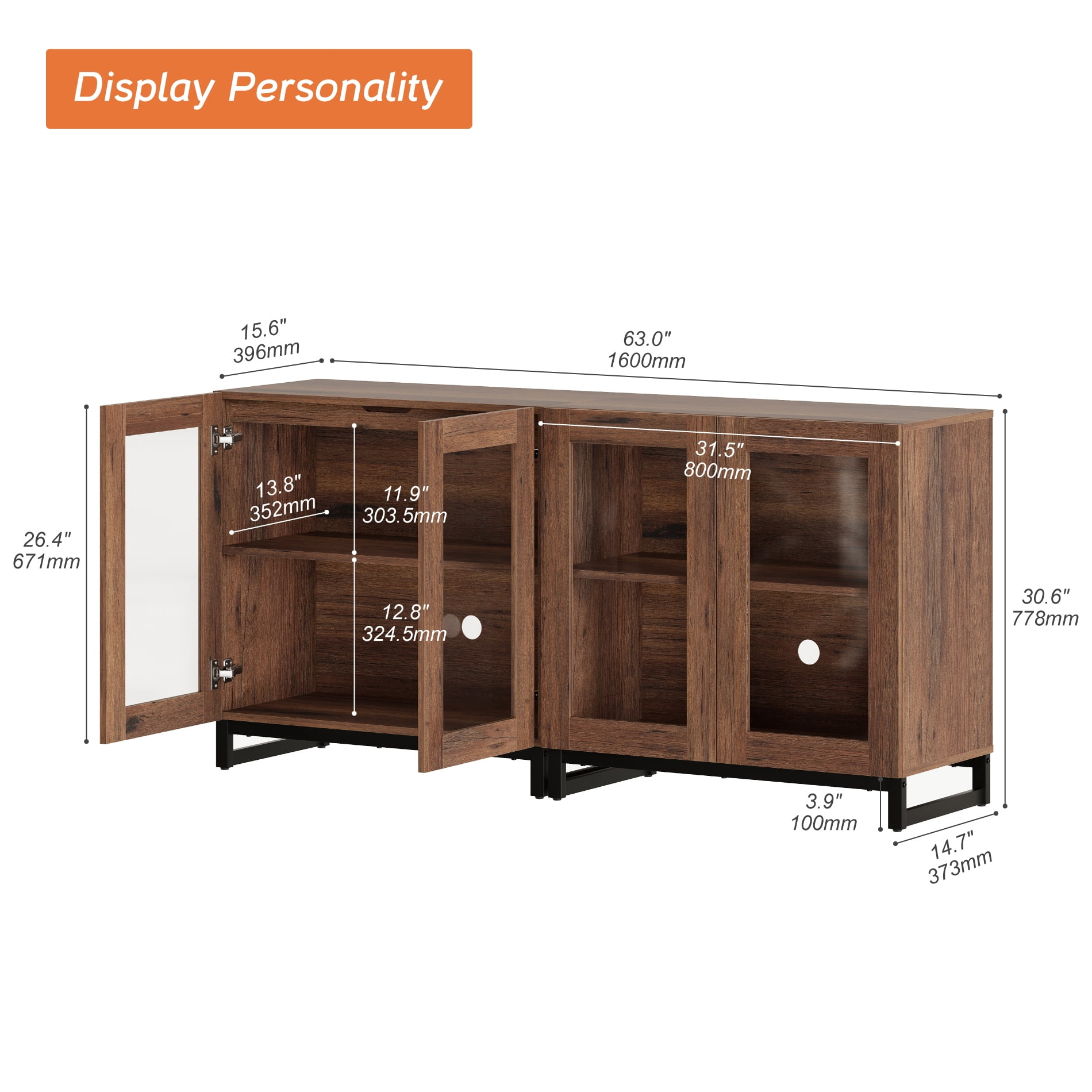 WAMPAT 2-in-1 Multifunctional Sideboard Buffet Cabinet with 4 Glass Doors and Adjustable Shelf Coffee Bar Storage Cabinet for Living Room Kitchen,Brown