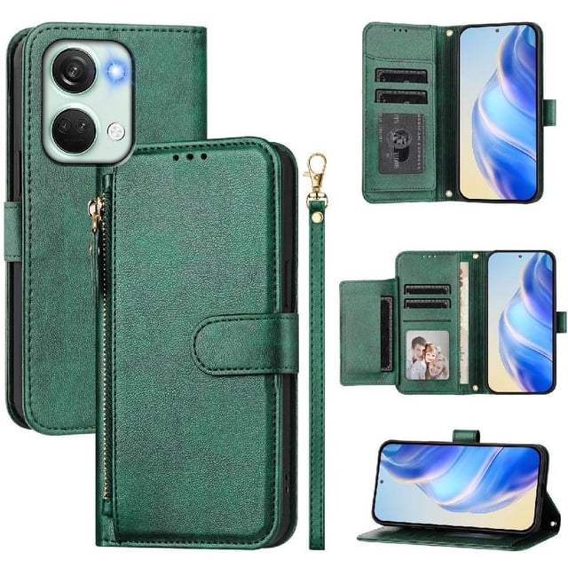 Case for Oneplus Nord 3 Zipper Wallet Flip Cover with Card Holder, Photo Frame, Kickstand & Lanyard, PU Leather Green