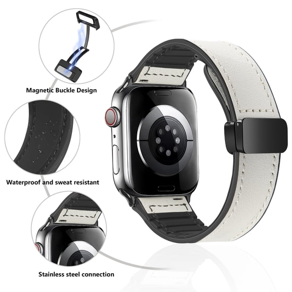 Magnetic Leather Band Compatible with Apple Watch 38/40/41mm for Men Women, Soft Silicone Patchwork Leather Strap Replacement for Apple Watch Series 8/7/6/5/4/3/2/1/SE/SE2,White