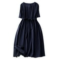 thumbnail image 2 of YuXingFu Womens 100% Cotton Dresses Maxi Crew Neck Plus Size Womens Dress Short Sleeve Solid Color Long Casual Summer Navy #4 XL, 2 of 7