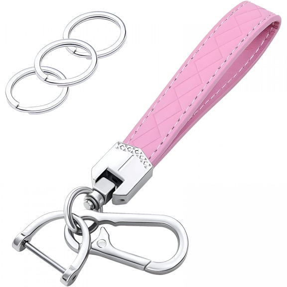GASTROPOD Leather Wristlet Keychain, Car Key Chain Wrist Keychain with 3 Key Ring and Anti-Lost D Ring (Pink Silver)
