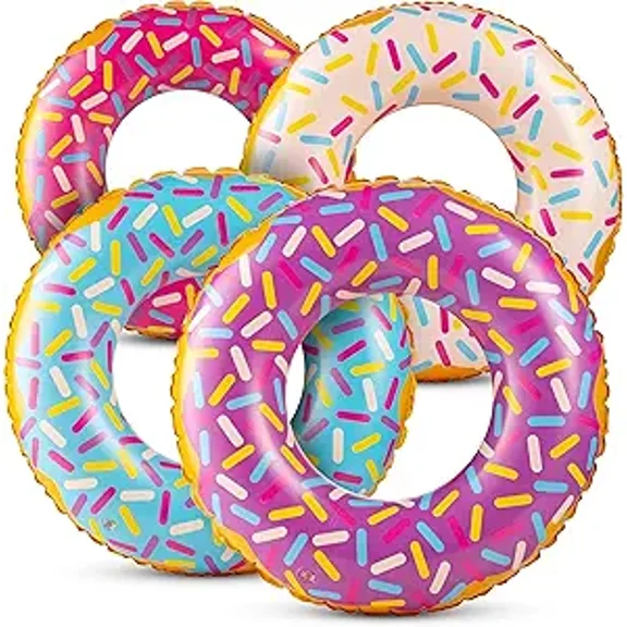 Rykon Inflatable Donuts, Pack of 4, 24-Inch Donut Pool Floats for Kids Ages 2-6, Assorted Swim Rings with Sprinkles, Pool Floaties & Party Decorations