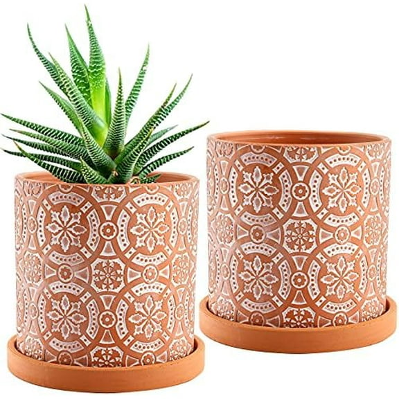 2 Pack Terracotta Plant Pot, 5'' Red Clay Planter Pot with Boho Flower Pattern, Ceramic Cactus Flower Planter Succulent Pot with Drainage Hole and Saucer for Indoor Outdoor Plant