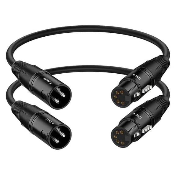 J&D XLR Adapter Cable, 3-Pin to 5-Pin (Male-Female), Metal Housing, 0.98 ft, 2-Pack