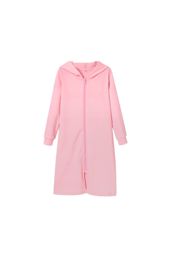 Little Girls Hooded Bathrobe Zip-Up Long Sleeve Nightrobe Sleepwear Midi Soft Nightdress