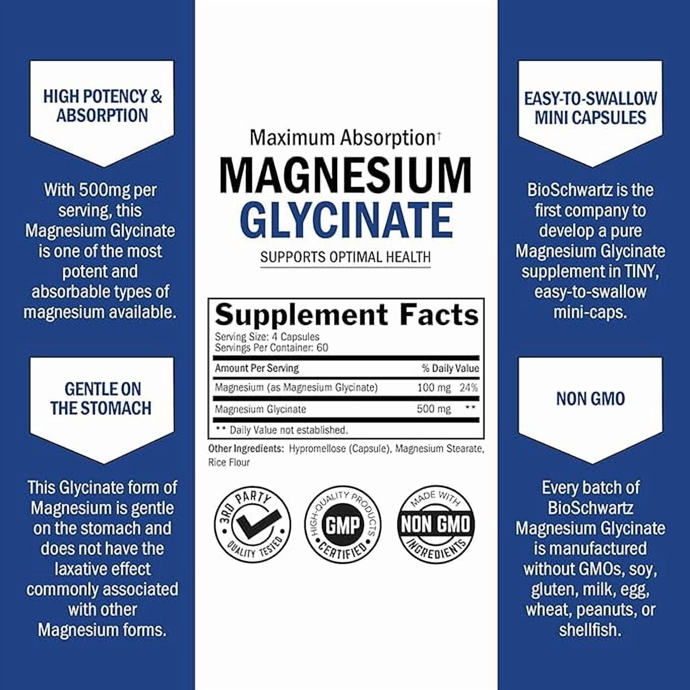BioSchwartz 500mg Pure Magnesium Glycinate for Nerves, Muscles, Heart, Mood, and Sleep, 240 Capsules