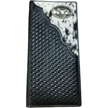 Western Stakes Mens Cowboy Praying At Cross Western Leather Long Wallet Bifold Cowhair BasketWeave Studded Checkbook Style Mens Wallets Leather Bull Rider Rodeo Gifts For Men (Black)
