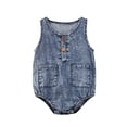 thumbnail image 1 of ITFABS Toddler Summer Playsuits, Baby Denim O-Neck Sleeveless Button Open Rompers, 1 of 8