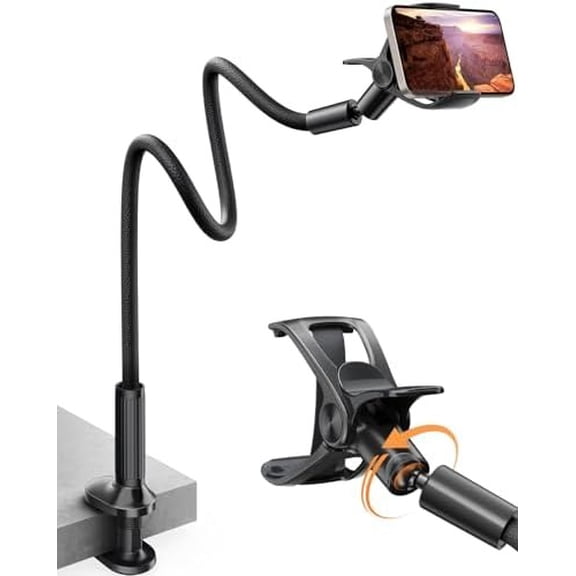 Gooseneck Phone Holder for Bed Overall Length 38.6” Flexible Leather Wrapped Arm Overhead Cell Phone Mount Stand with 360° Adjustable Clamp Clip, Compatible with All 4-7” Cellphones (Black)