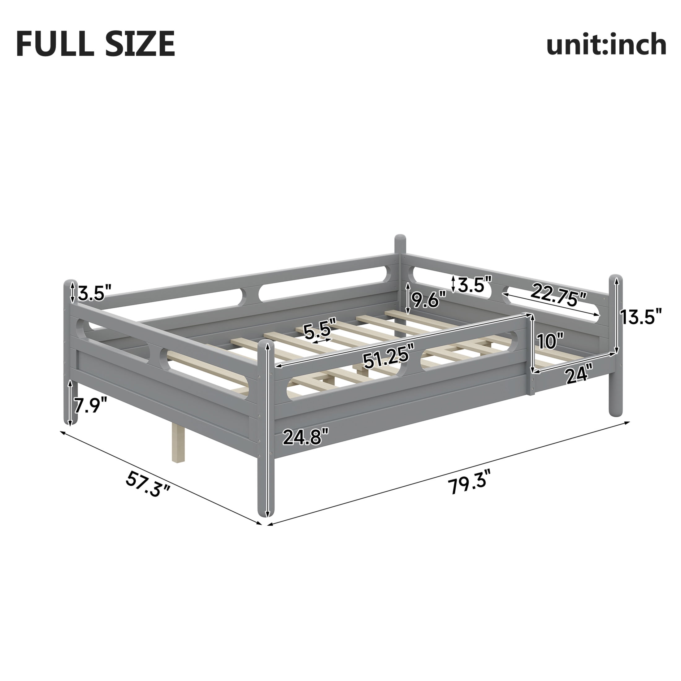 Noble House Full Size Kids Bed Frame with Safety Rails, Low Profile Design & Slat Support, Gray