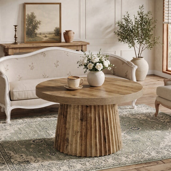 Fnova 31" Round Coffee Table, Modern Fluted Drum Farmhouse Center Table, Brown Wood Pedestal Accent Table for Living Room, Apartment, Small Space