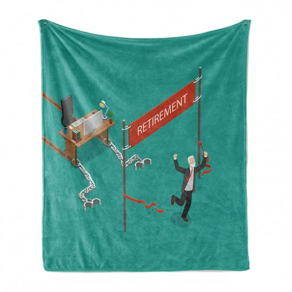 Retirement Party Soft Flannel Fleece Blanket, Senior Man Breaking Free from Office Desk Chain and Celebrating Retirement, Cozy Plush for Indoor and Outdoor Use, 50" x 70", Multicolor, by Ambesonne