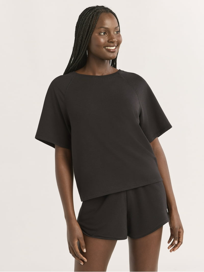 Joyspun Women's French Terry Short Sleeve Top and Shorts Set, 2