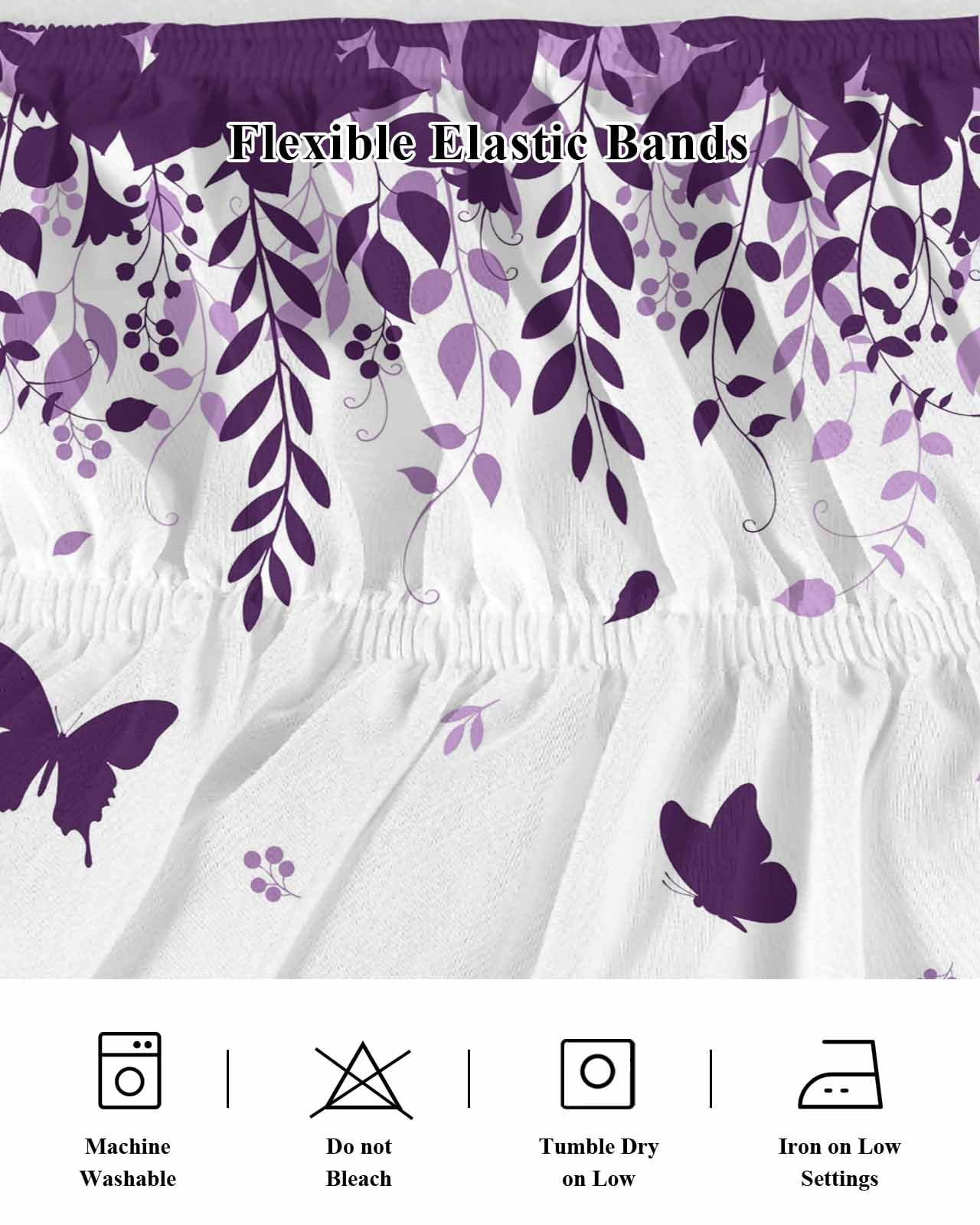 Butterflies Bed Skirt Queen Size 16 Inch Drop, Spring Purple Butterfly Falling Leaf Plant Silhouette Adjustable Elastic Dust Ruffles Bedskirt for Queen Bed Wrap Around Pleated Mattress Frame Cover