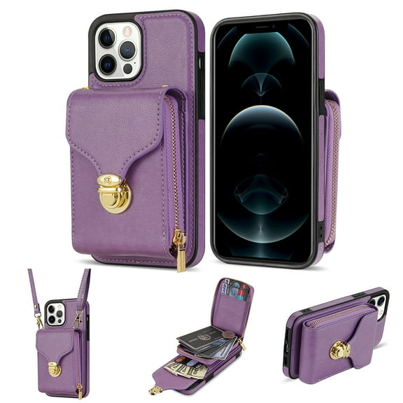 iPhone 13 Pro Max Luxury Leather Case with Card Holder for Women Phone Case Wallet with Strap Credit Card Slots Crossbody Strap with Kickstand Zipper Shockproof Case For iPhone 13 Pro Max,Purple