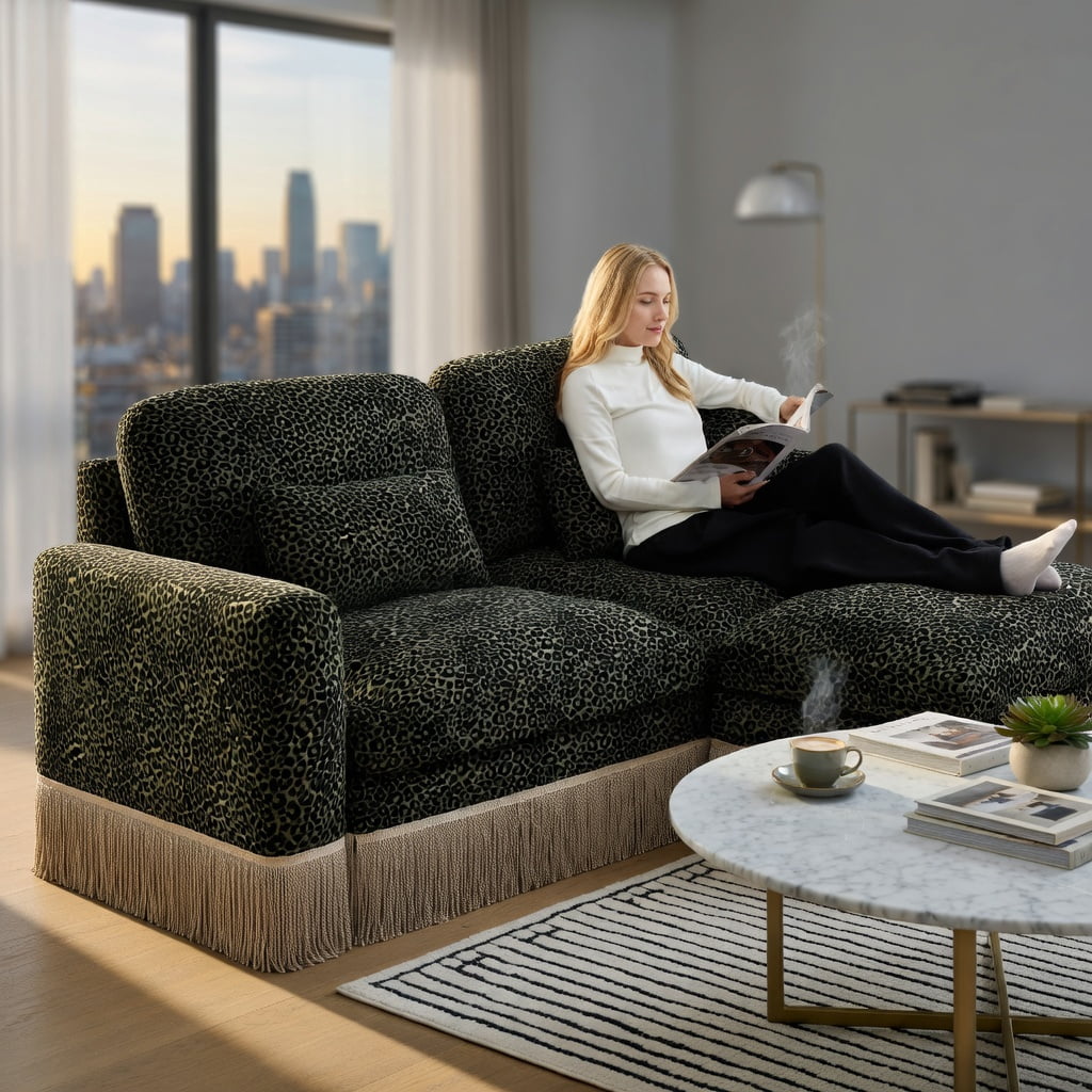 Hommoo 131" Modern Leopard Print Chenille L-Shaped Sofa Set with Movable Ottoman, Tassel Trim & Ergonomic Deep Seat, 4-Seat Modular Living Room Sofa, Green Black