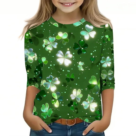Girls St Patrick's Day Shirt 3/4 Sleeve Green Shamrock Print Leprechaun Kids Top Holiday Party Wear,Size 7-8T