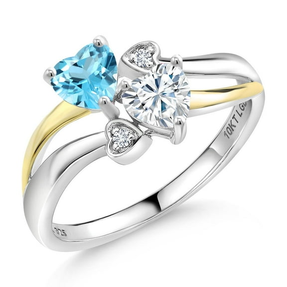 Gem Stone King 925 Silver and 10K Yellow Gold Swiss Blue Topaz and White Moissanite and White Lab Grown Diamond Ring for Women (0.99 Cttw, November Birthstone, Heart Shape 5MM, Size 8)