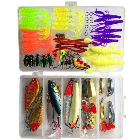 Fishing Lures Set with Tackle Box, Include Frog Minnow Popper Pencil Crank Spoon Spinner Maggot Shrimp Baits Swivels for Freshwater Trout Bass