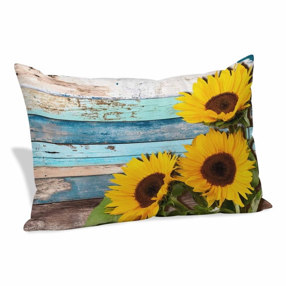 Spring Sunflowers Pillow Covers, Linen Long Throw Pillow Case, Yellow Floral Turquoise Farmhouse Wood Grain Holiday Pillow Protector Decorative Cushion Cover for Living Room/Bedroom 20" x 26"