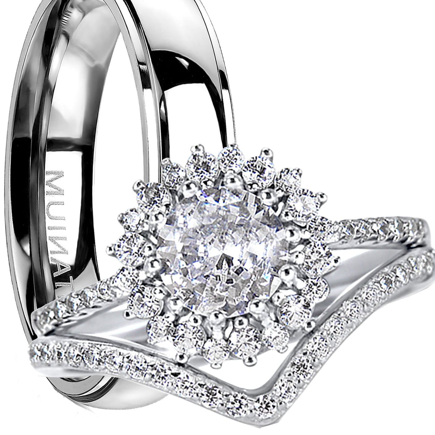 His Hers TRIO Wedding Ring Set Silver Titanium Halo Engagement and