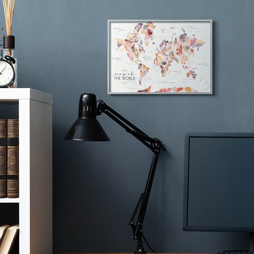 Stupell Industries Abstract Floral World Map Watercolor Pink Purple Gray Framed by Laura Marshall