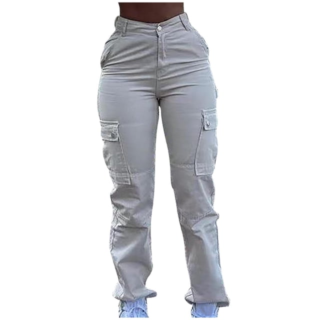 Yuyuzo Cargo Jeans for Women High Waisted Button Straight Leg Deim Pants with Pockets Solid Color