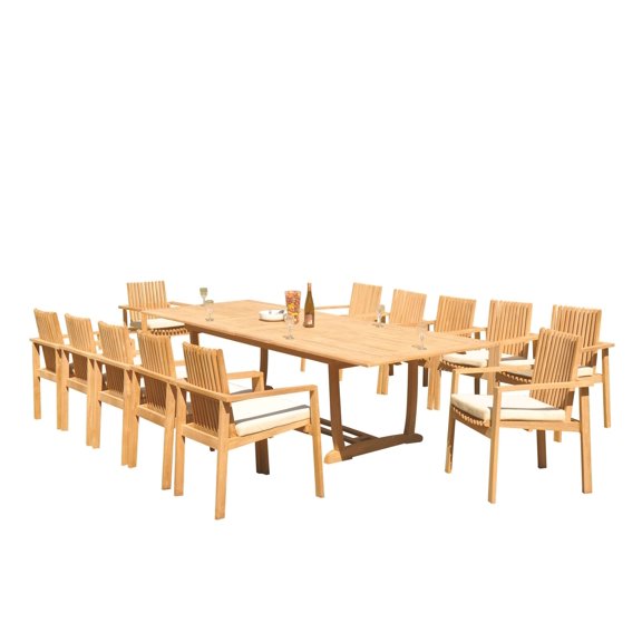 Grade-A Teak Dining Set: 12 Seater 13 Pc: 118" Mas Rectangle Trestle Leg Table And 12 Clipper Stacking Arm Chairs Outdoor WholesaleTeak #51CP2513