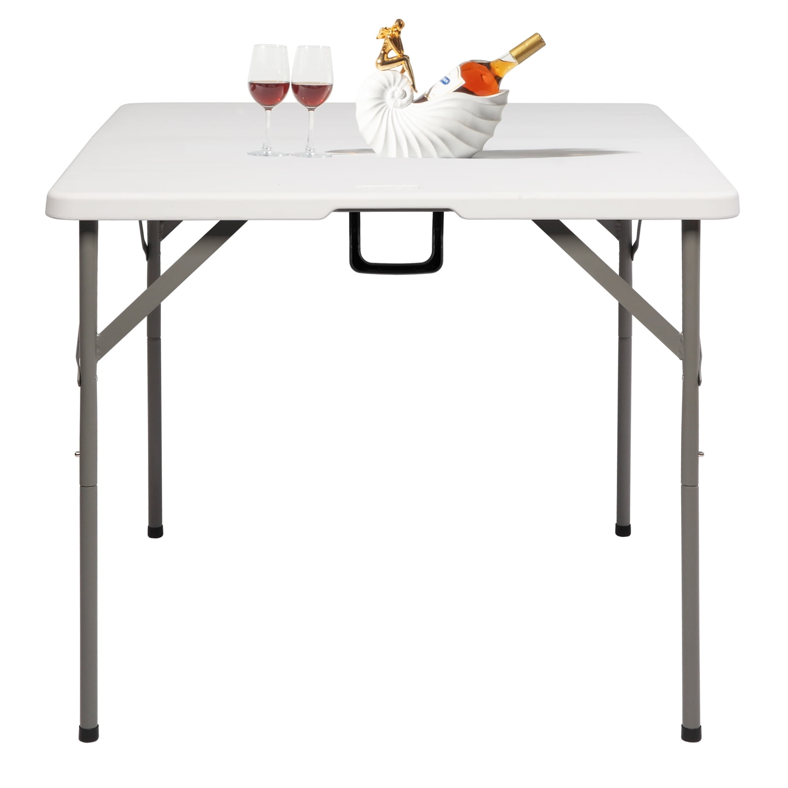 34 Inch Blow Molding Foldable Square HDPE Table Sturdy Steel Frame White Portable Folding Dining Table Space Saving Picnic Camping Party Patio Buffet Game Table