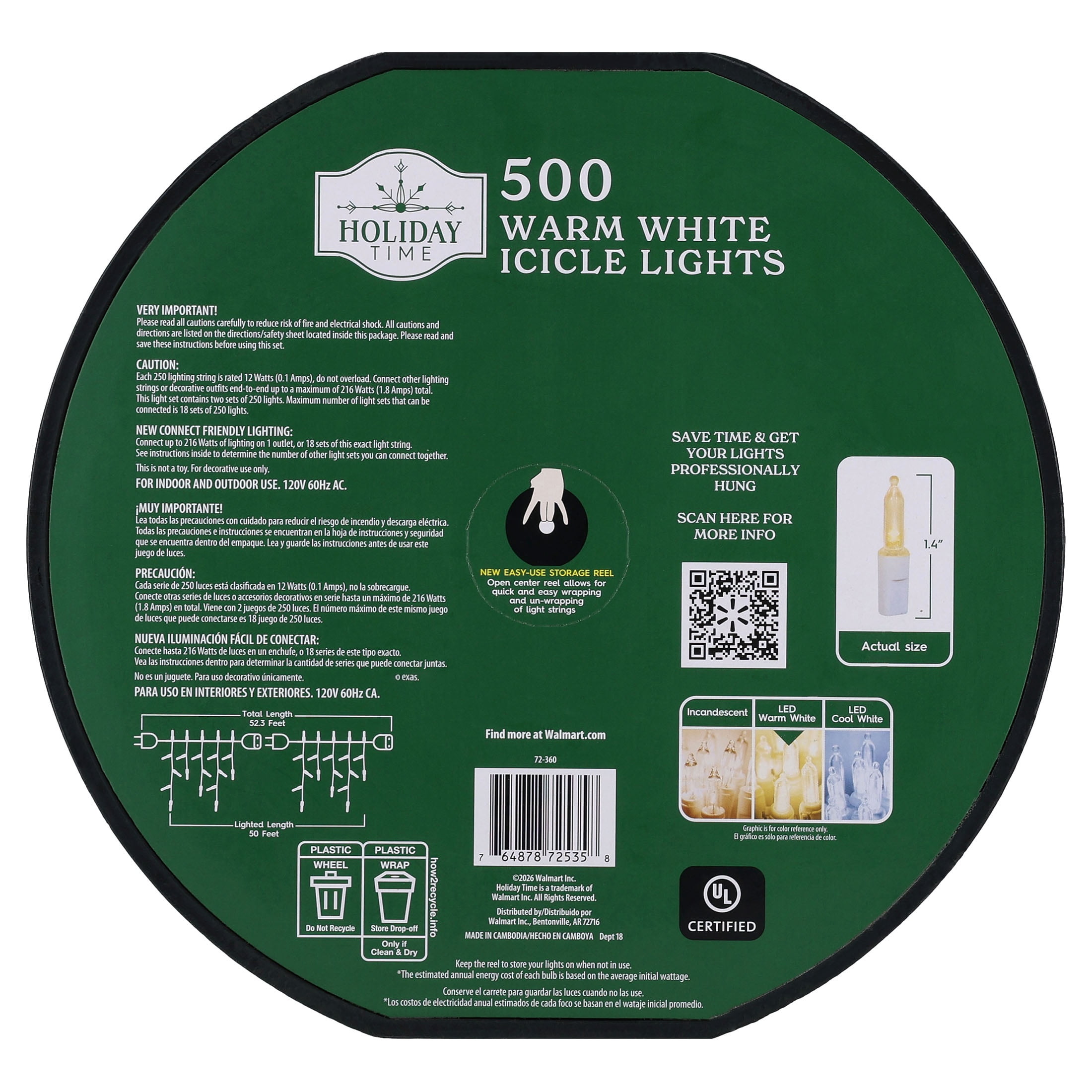 Indoor/Outdoor 500-Count LED Christmas Icicle Lights, Warm White, White Wire, 50', by Holiday Time