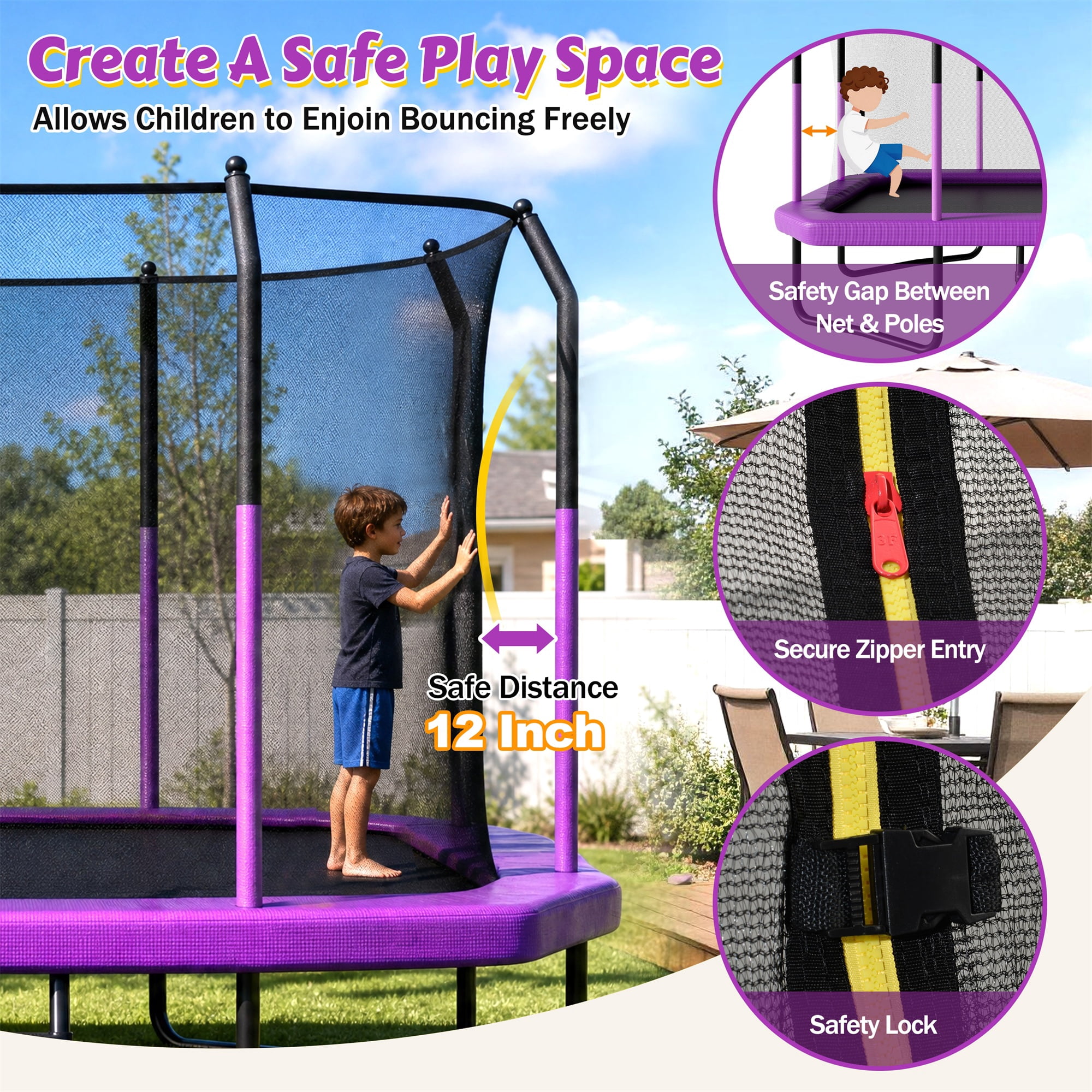 Alvantor 8x14 ft Rectangle Trampoline for Kids, Outdoor Trampolines with Enclosure Net for Gymnastics Purple
