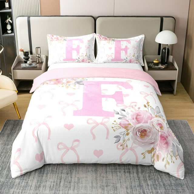 Erosebridal Housse de Couette en Coton 100 % pour Fille, Format Double, Ensembles de Literie Rose Pâle Format Double, Décor Lettre Initiale F, Réversible 3 Pcs (Sans Couette)