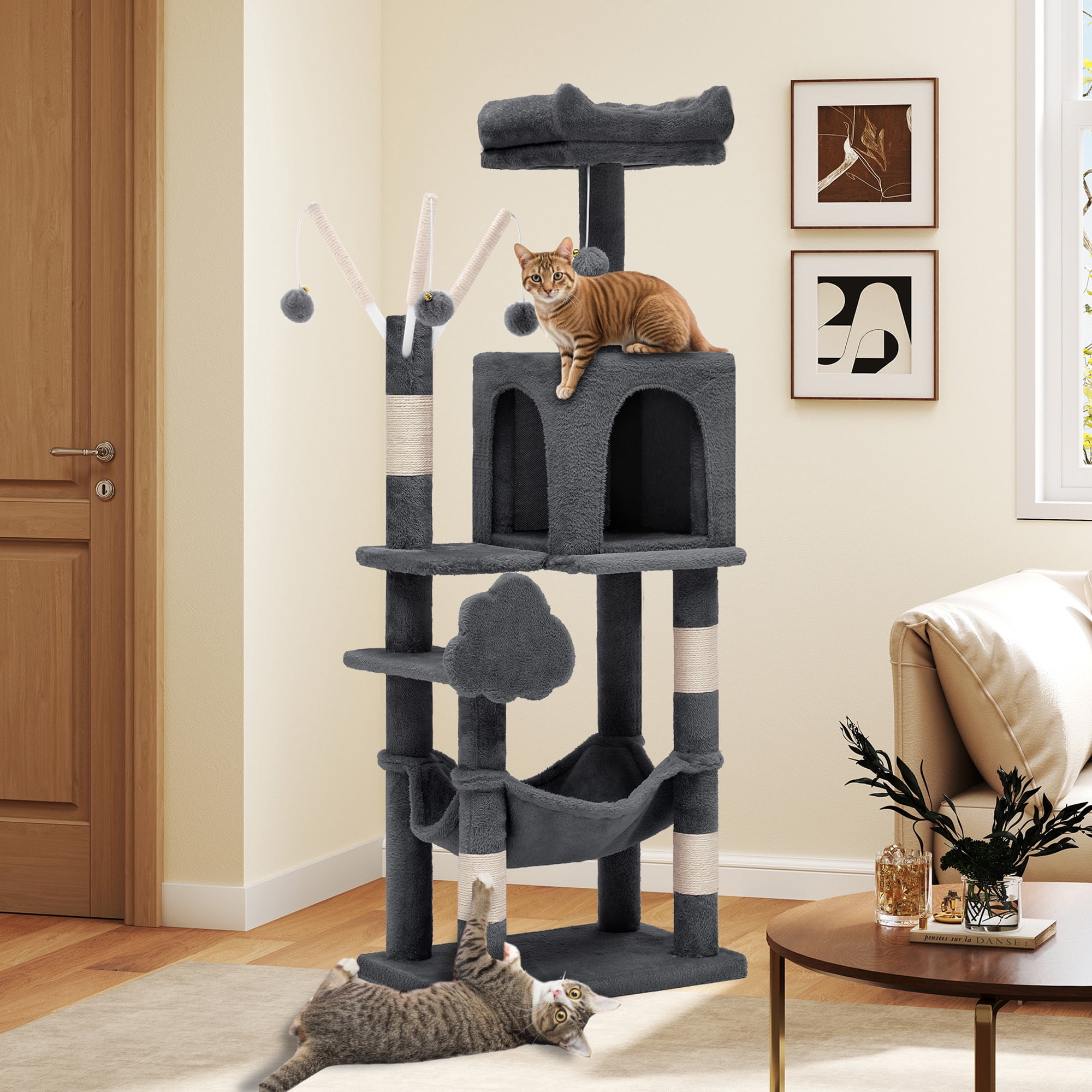 Uforic 44" Cat Tree Tower, with Scratch Posts, Condo, Hammock, Toys, Dark Gray