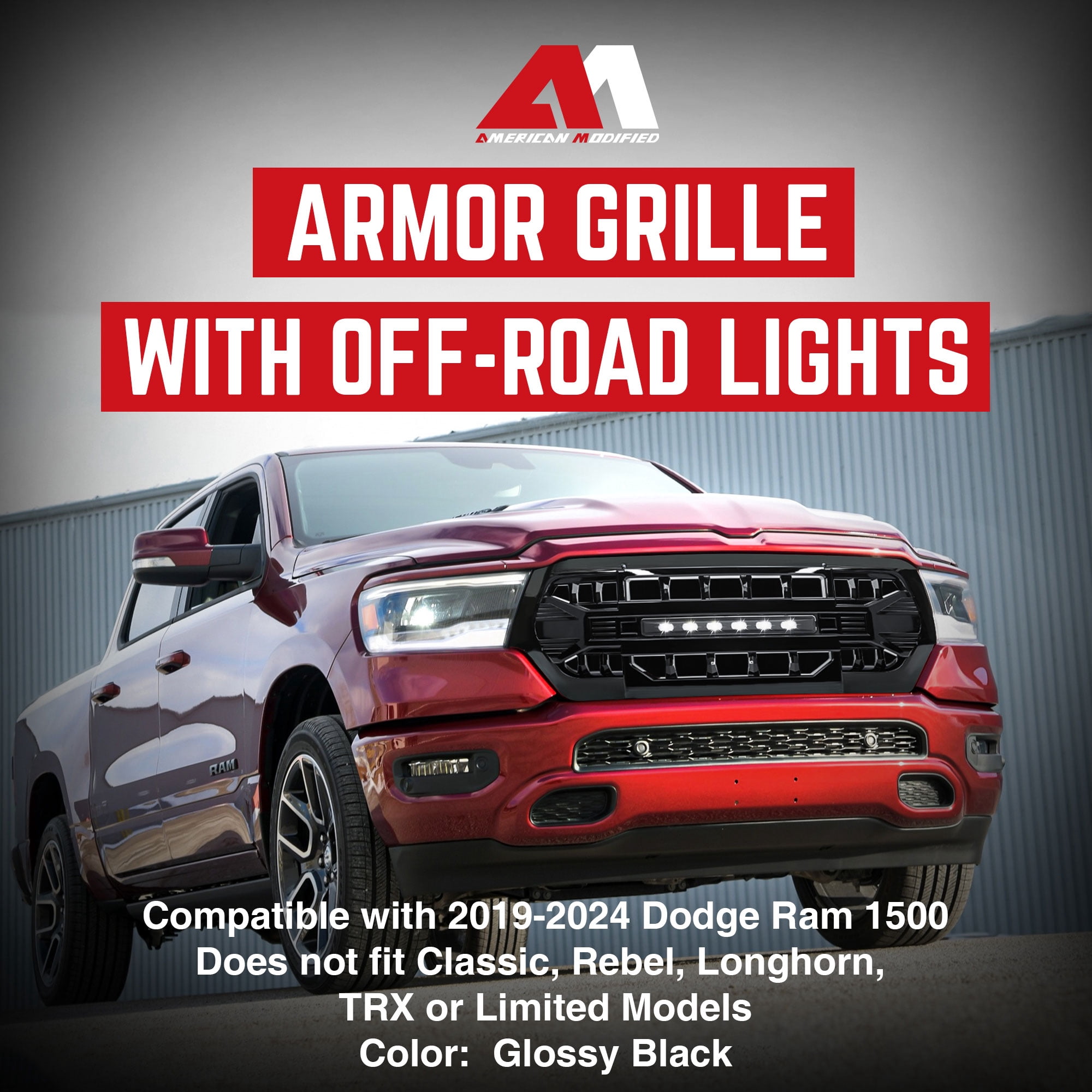 AMERICAN MODIFIED Armor Front Grille for 2019-2024 Dodge Ram, Glossy Black