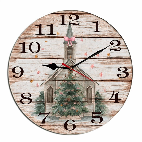 Kurmntregon Christmas Winter Jesus Wall Clock Xmas Tree Castle Wooden Desk Decor Decorative Battery Operated Clocks For Living Room Bedroom Bathroom Farmhouse Round 10"