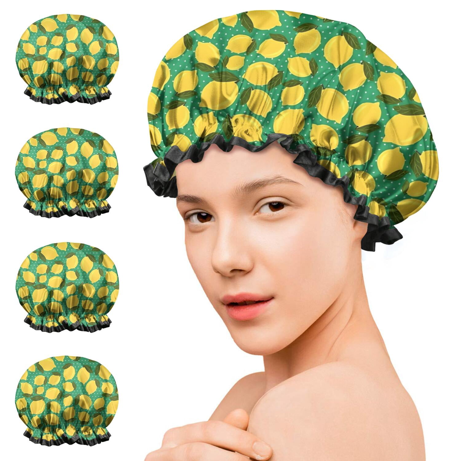 Shower Caps,Yellow Lemon Fruit Dots Green Pattern Waterproof Shower Cap for Women 4 Pieces,Double Reusable Hair Cover for Shower PEVA Elastic Stretch Hem