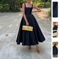 thumbnail image 2 of Black Elegant Square Neck Pleated Waist Fit & Flare Formal Midi Dress, 2 of 7