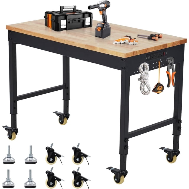 60" x 22" Adjustable Workbench, Heavy-Duty Workbench with a 2000 LBS load Capacity, Metal Frame with Power Outlets and Casters, Rubberwood Table Workbench for Workshops, Garages, Offices, Homes