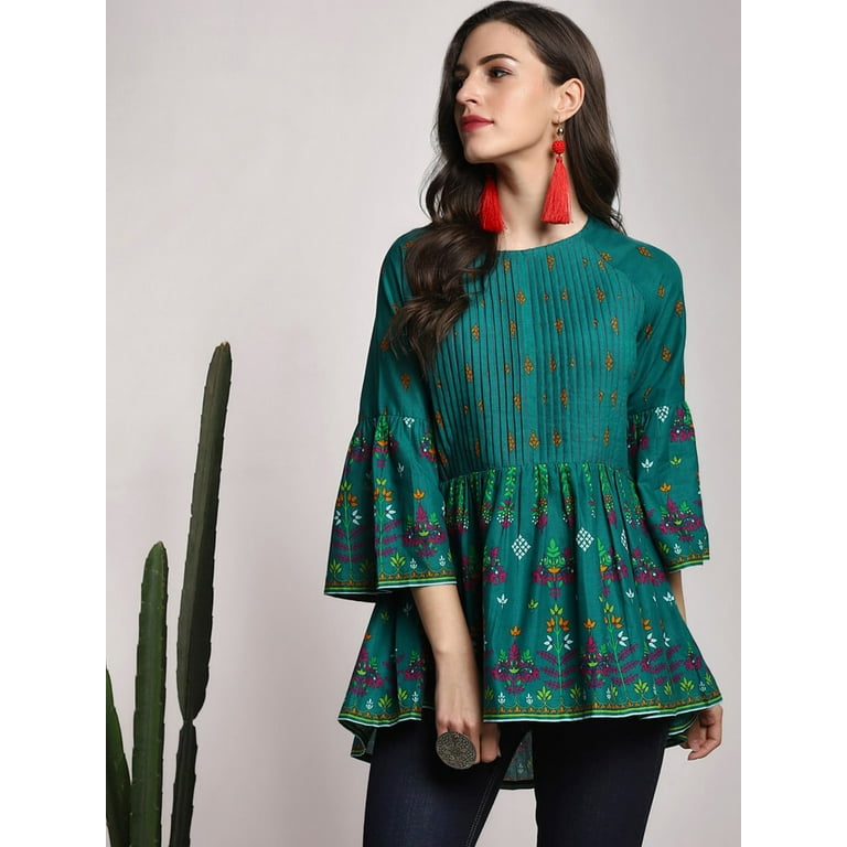 Sangria - By Myntra Women 3/4 Sleeve Green Ready To Wear Round Neck Floral  High-Low Pure Cotton Ethnic Top With Bell Sleeves Women Top Dress -  Walmart.com
