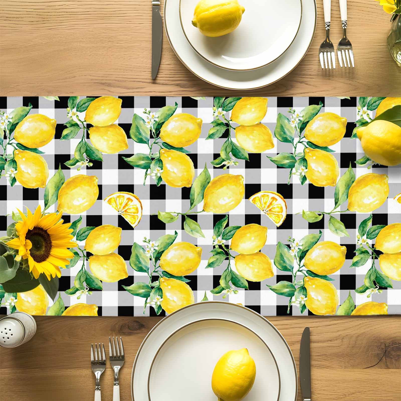 Summer Lemon Fruit Farm Harvest Table Runner 90 Inches Long, Black White Buffalo Plaid Table Runners Tabletop Scarf Kitchen Dining Tables Decoration for Home Party Indoor Outdoor
