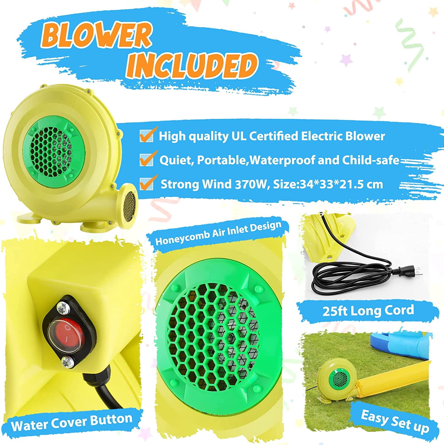 Veeboto Inflatable Bounce House with 370W Blower, Large Bouncy Castle with Slide & Bouncing Area, Climbing Wall, Jumping House for 3-10 Years Kids