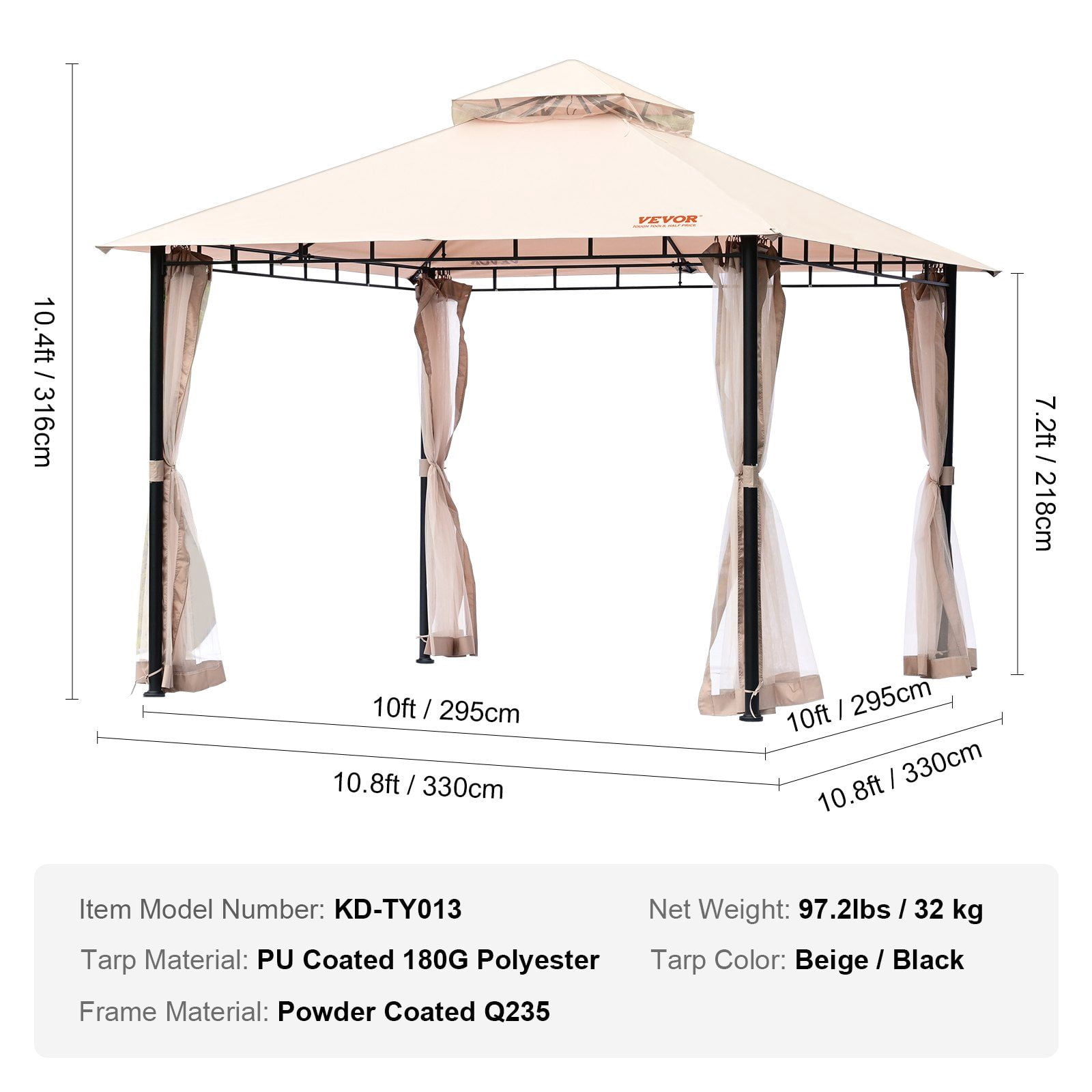 Patio Gazebo for 6-8 Person, 10 x 10 FT Backyard Gazebo, with Mosquito Netting, Metal Frame, and PU Coated 180G Polyester, Outdoor Canopy Shelter for Patio, Backyard, Lawn, Garden, Deck