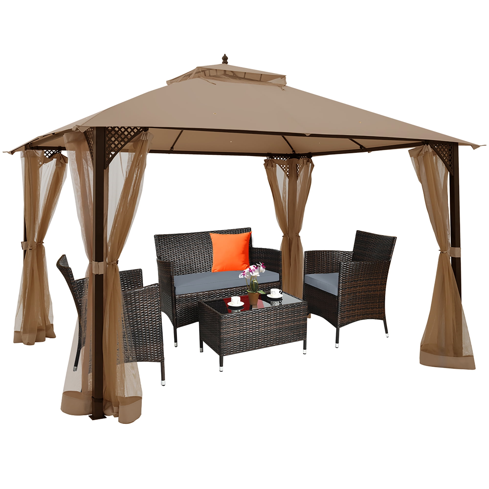Costway 12' x 10' Outdoor Patio Gazebo Canopy Shelter Double Top Sidewalls Netting Brown