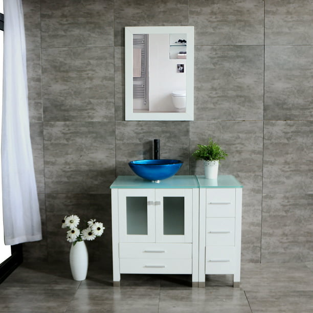 W 36 White Bathroom Vanity, Mirrored Bathroom Vanity With Vessel Sink