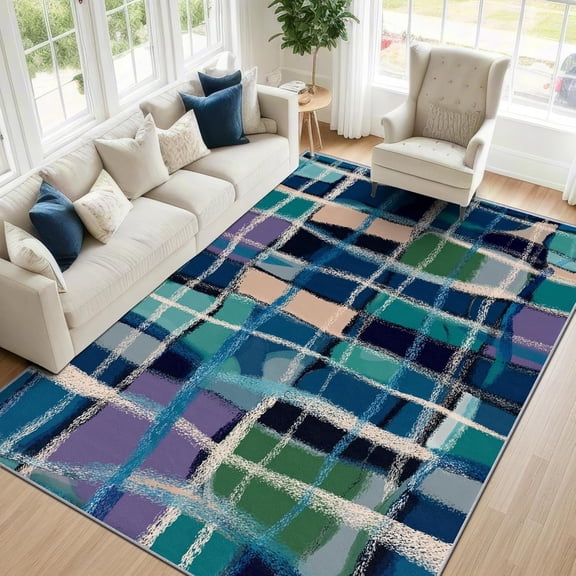 Colorful Plaid Area Rugs, Multicolor Abstract Carpet, Washable Non Slip Low Pile Soft Rug for Living Room Bedroom Decor Mat 2x3ft