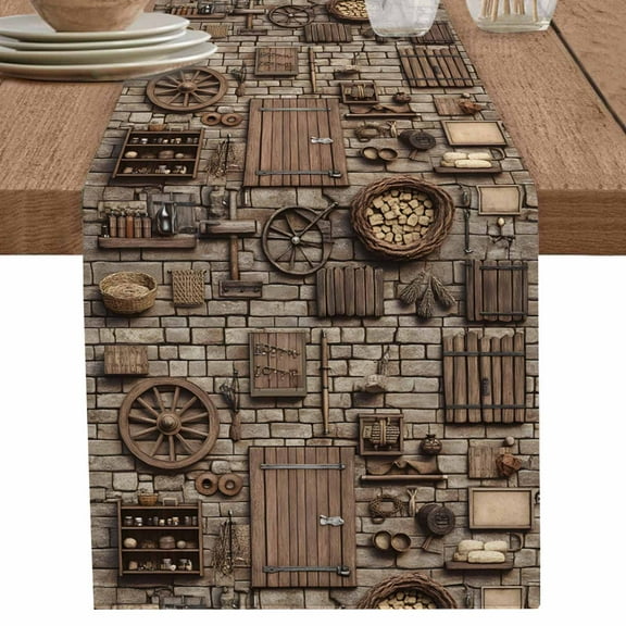 Farmhouse Rustic Wooden Door Table Runner-70 Inch Long Vintage Medieval Table Runners Linen Burlap Tablerunner for Kitchen Dining Room Holiday Party